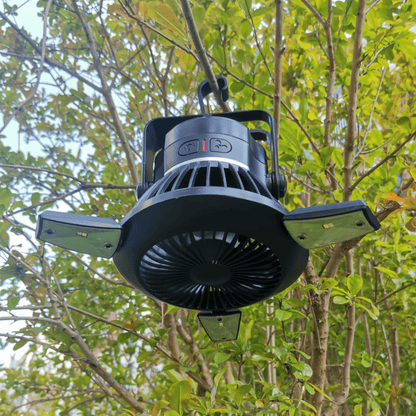 Solar-powered camping light and fan combo for dual functionality.