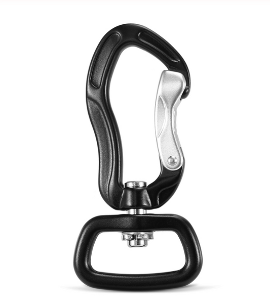 A close-up view of a compact 360° Wire-Gate Carabiner made from aviation aluminum.