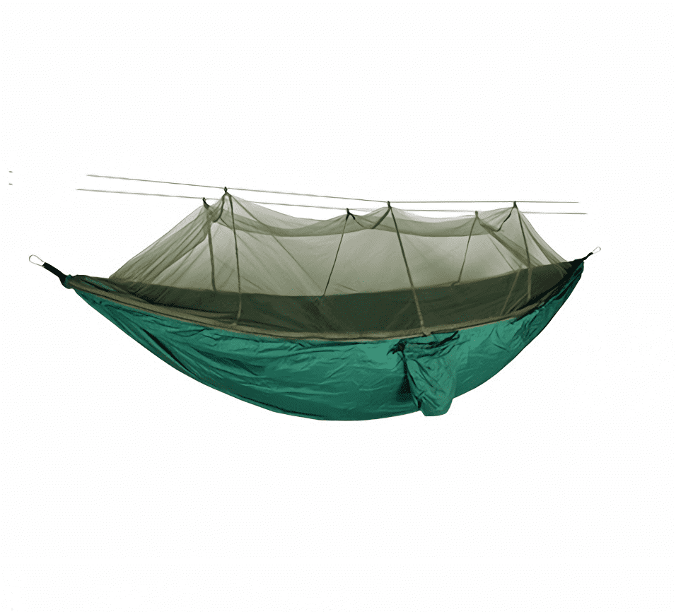 A detailed shot of the hammock's durable construction and premium materials, featuring upgraded sling ropes and a mosquito-proof design, promising a long-lasting and comfortable outdoor experience.