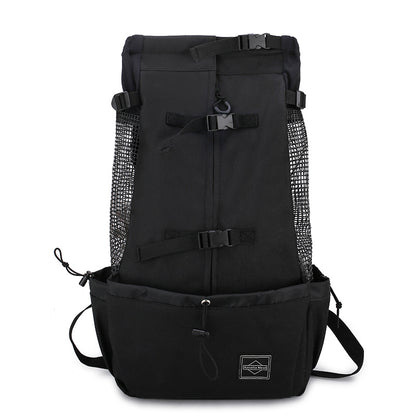 Front view of a ventilated pet backpack, designed for comfort and convenience during outdoor adventures.