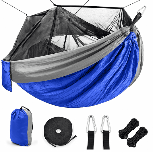 An image of a durable and lightweight hammock with upgraded sling ropes, providing premium comfort and mosquito-proof design for outdoor enthusiasts.