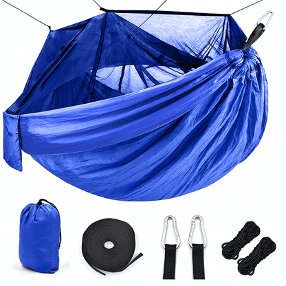 An image showcasing the lightweight and portable nature of the hammock, perfect for adventurers seeking a durable and versatile outdoor companion with upgraded sling ropes and mosquito-proof design.