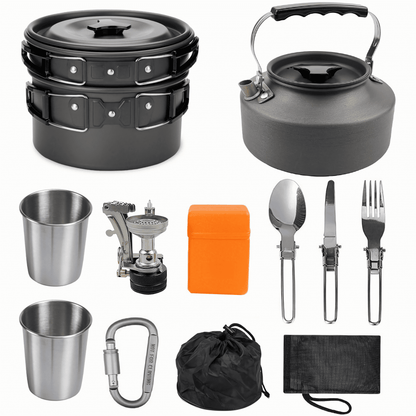 Versatile pots and pans set for outdoor culinary adventures.