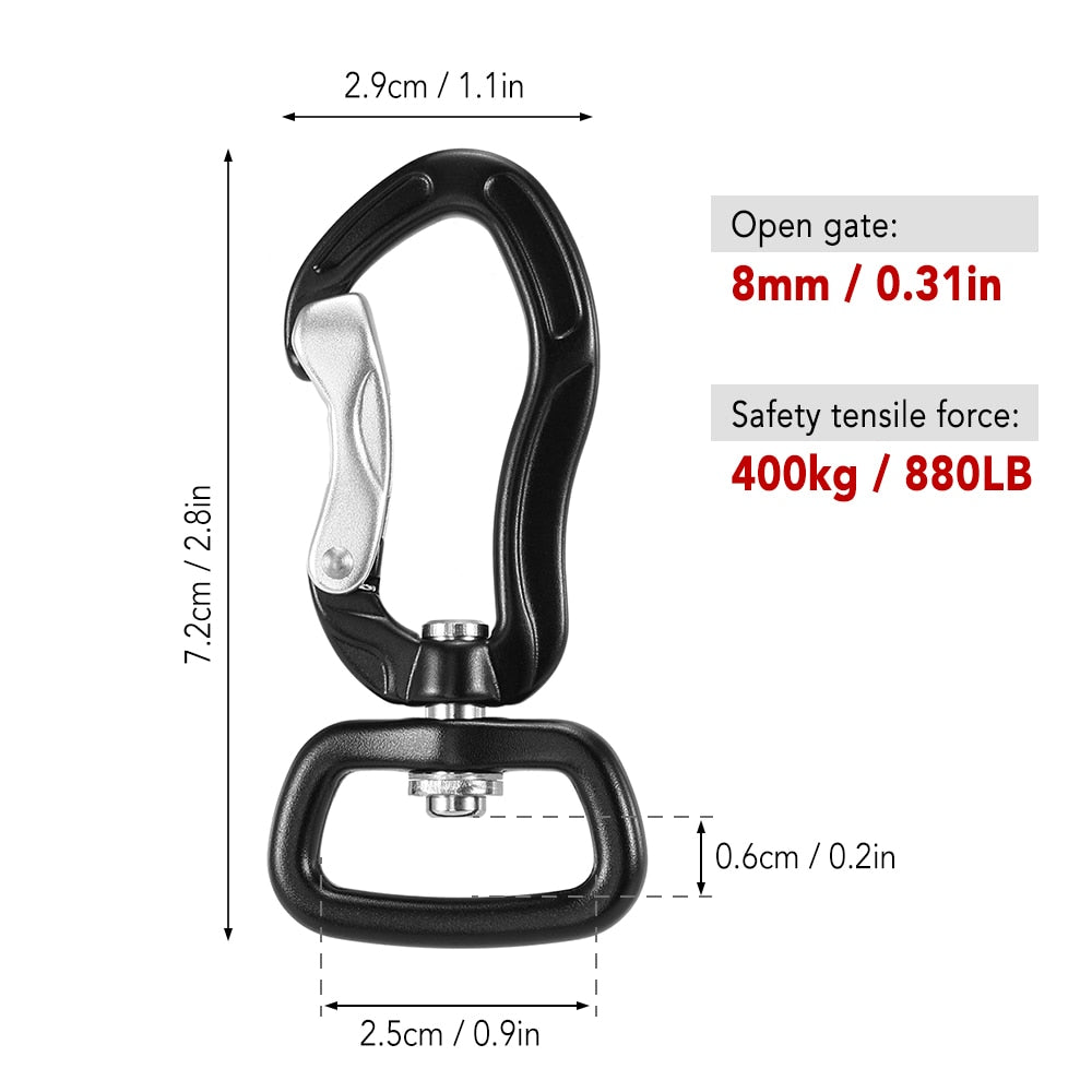 lose-up of the carabiner, a reliable tool for various outdoor activities.