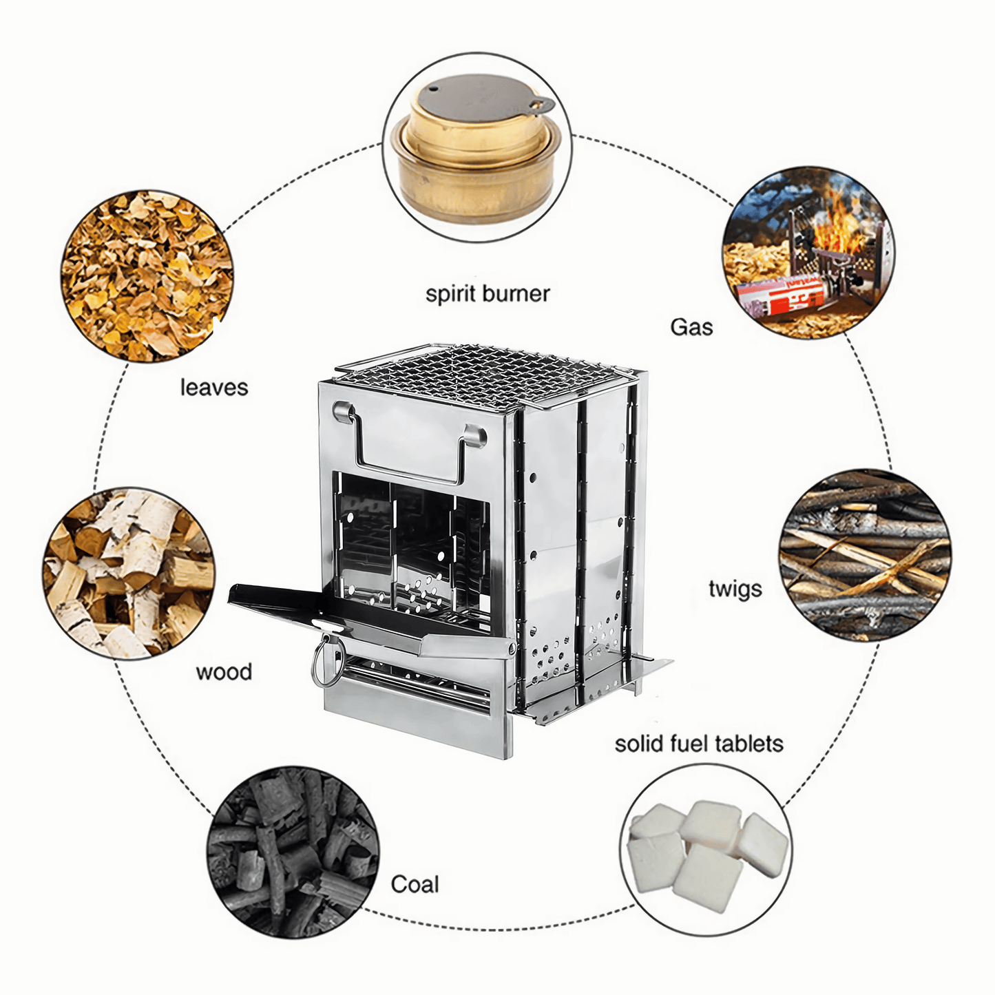 Versatile fuel options include twigs, leaves, wood, coal, and solidified alcohol for adaptable outdoor cooking.