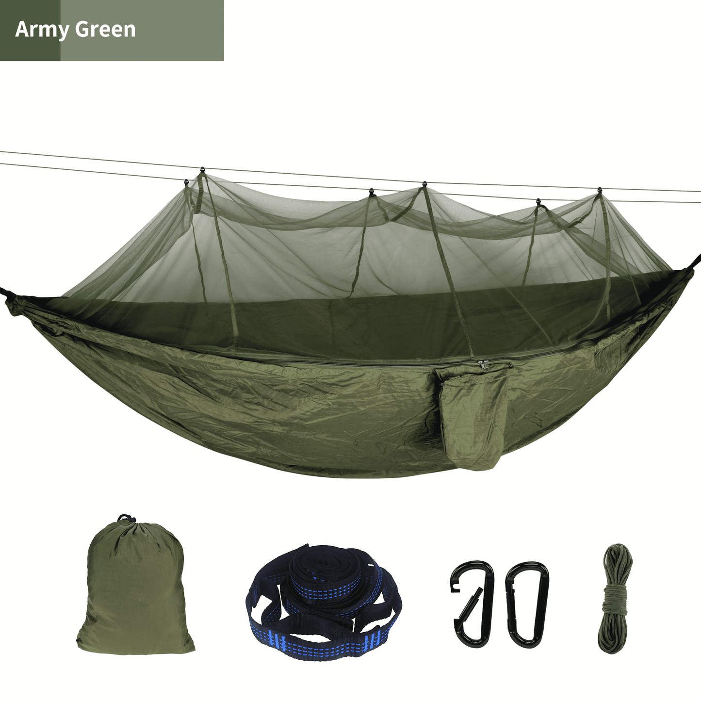 A visual representation of the hammock's versatility, perfect for camping and backpacking adventures, featuring upgraded sling ropes and a mosquito-proof shield for comfortable and worry-free relaxation.