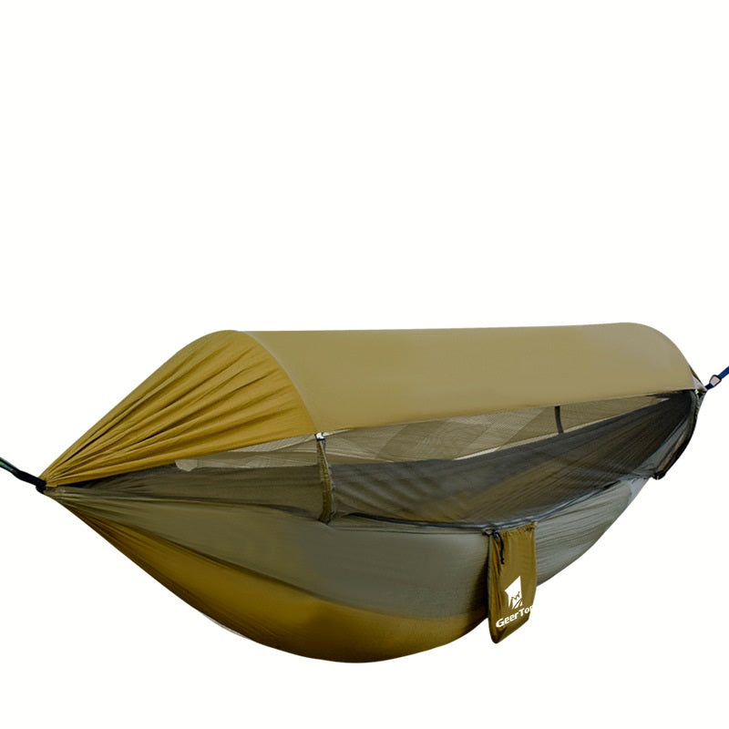 Detailed shot of the hammock's weather-resistant material, emphasizing its durability and reliability in various weather conditions.