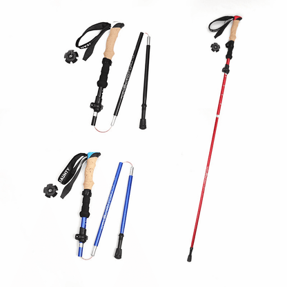 Trekking poles with adjustable length and collapsible design for on-the-go convenience.