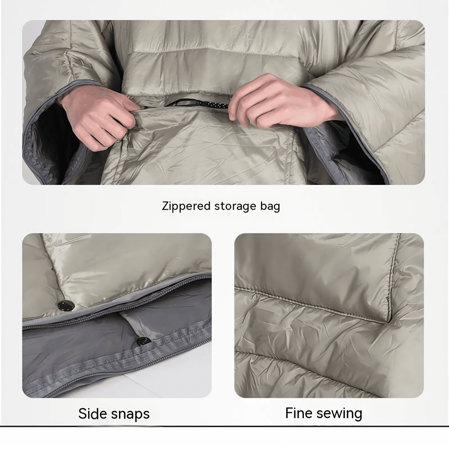 Close-up of the high-quality zippers on the cloak sleeping bag, highlighting its durability and ease of use.