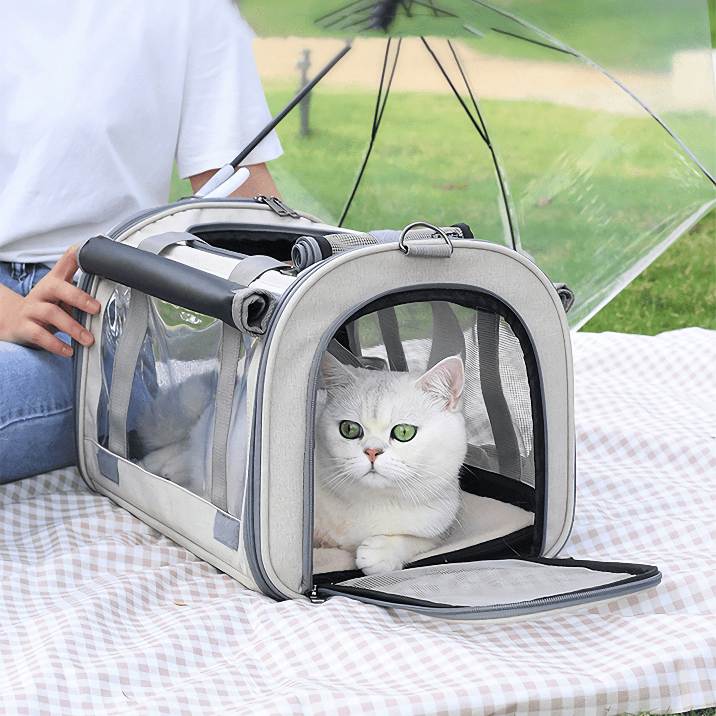 Luxurious pet carrier bag, crafted for comfort and durability during travel.