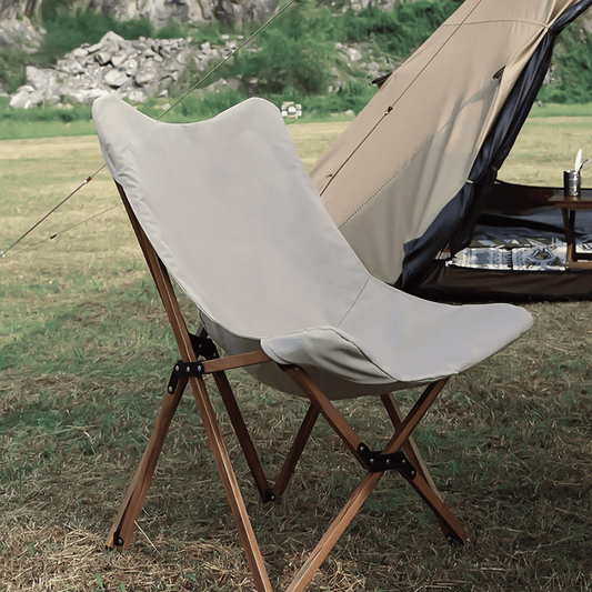 Foldable camping chair with realistic wooden grain finish on durable aluminum pipes.