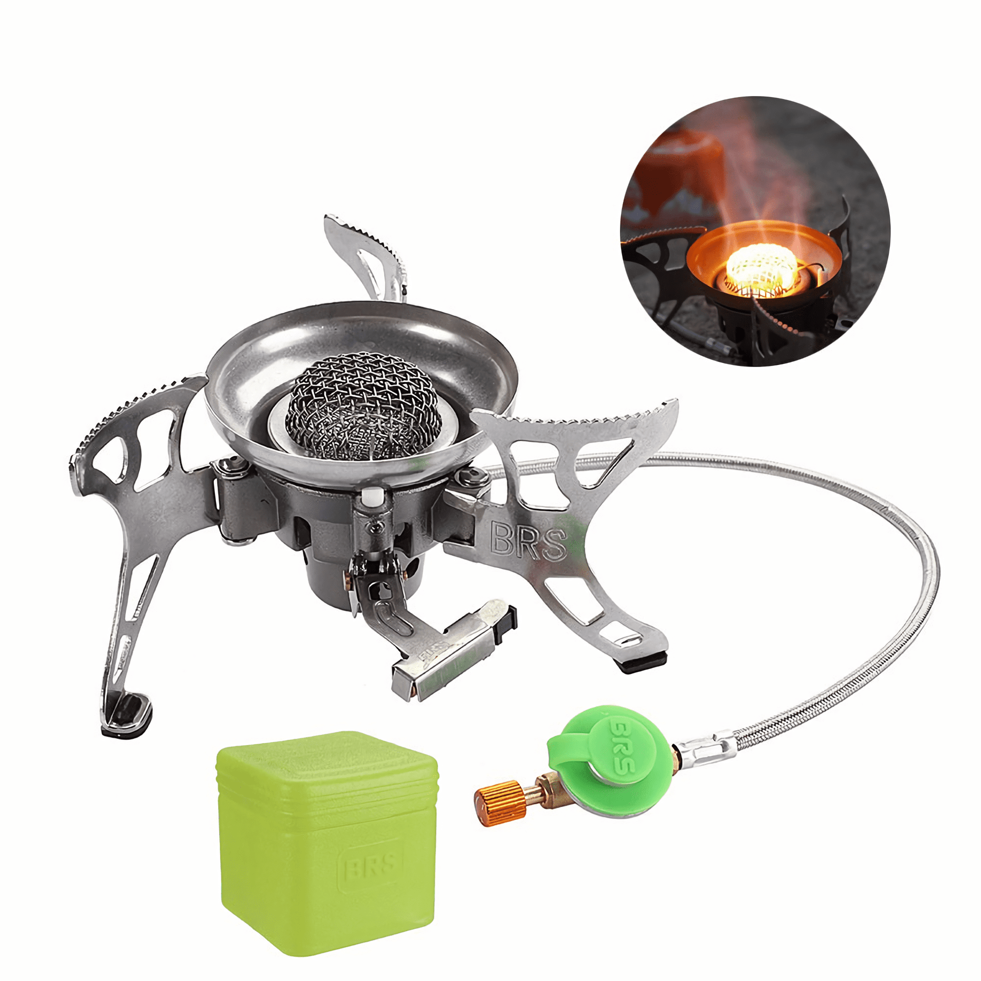 Compact camping stove with a lightweight and space-saving design for easy transportation on outdoor adventures.