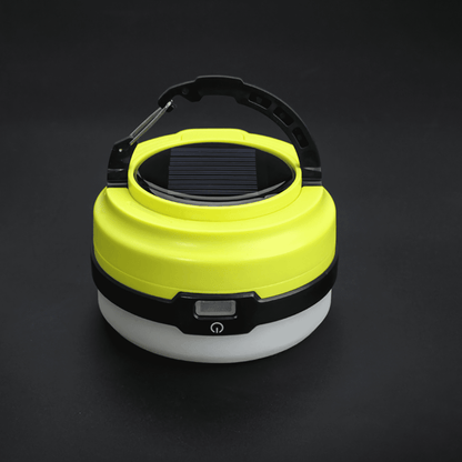 Compact solar-powered camping light with adjustable brightness and versatile hanging options.