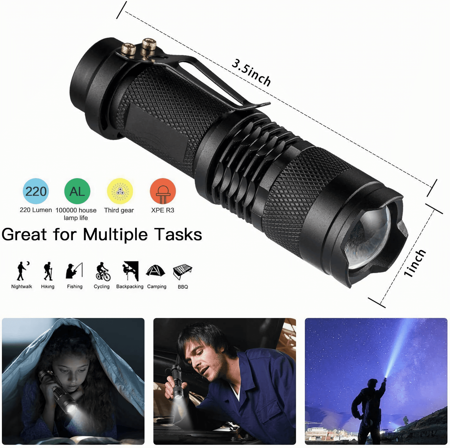 A compact and powerful tactical torch flashlight with ultra-high-brightness LED lights for extended use with just one AA battery.