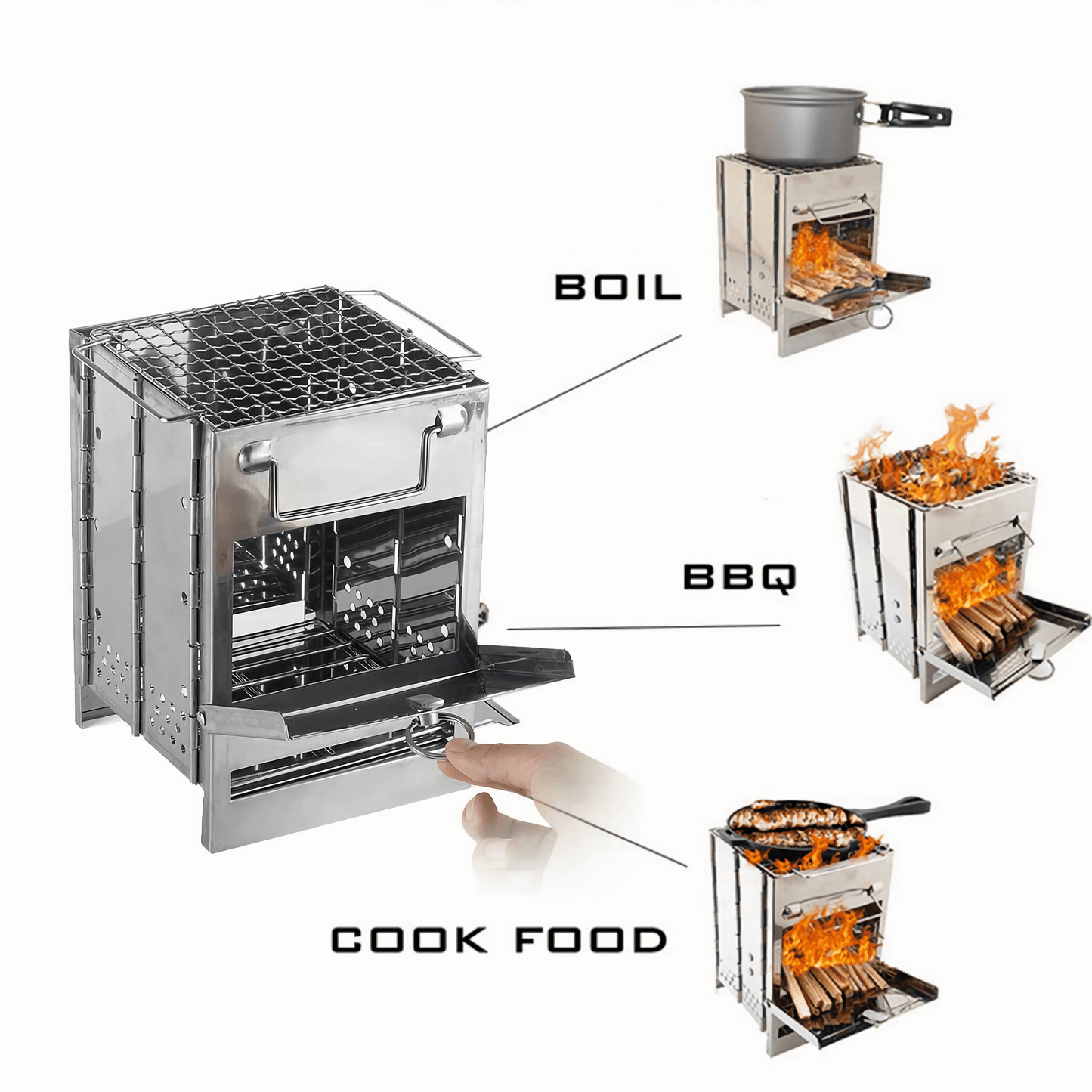 User-friendly camping stove with easy installation and compatibility for various outdoor cooking methods.