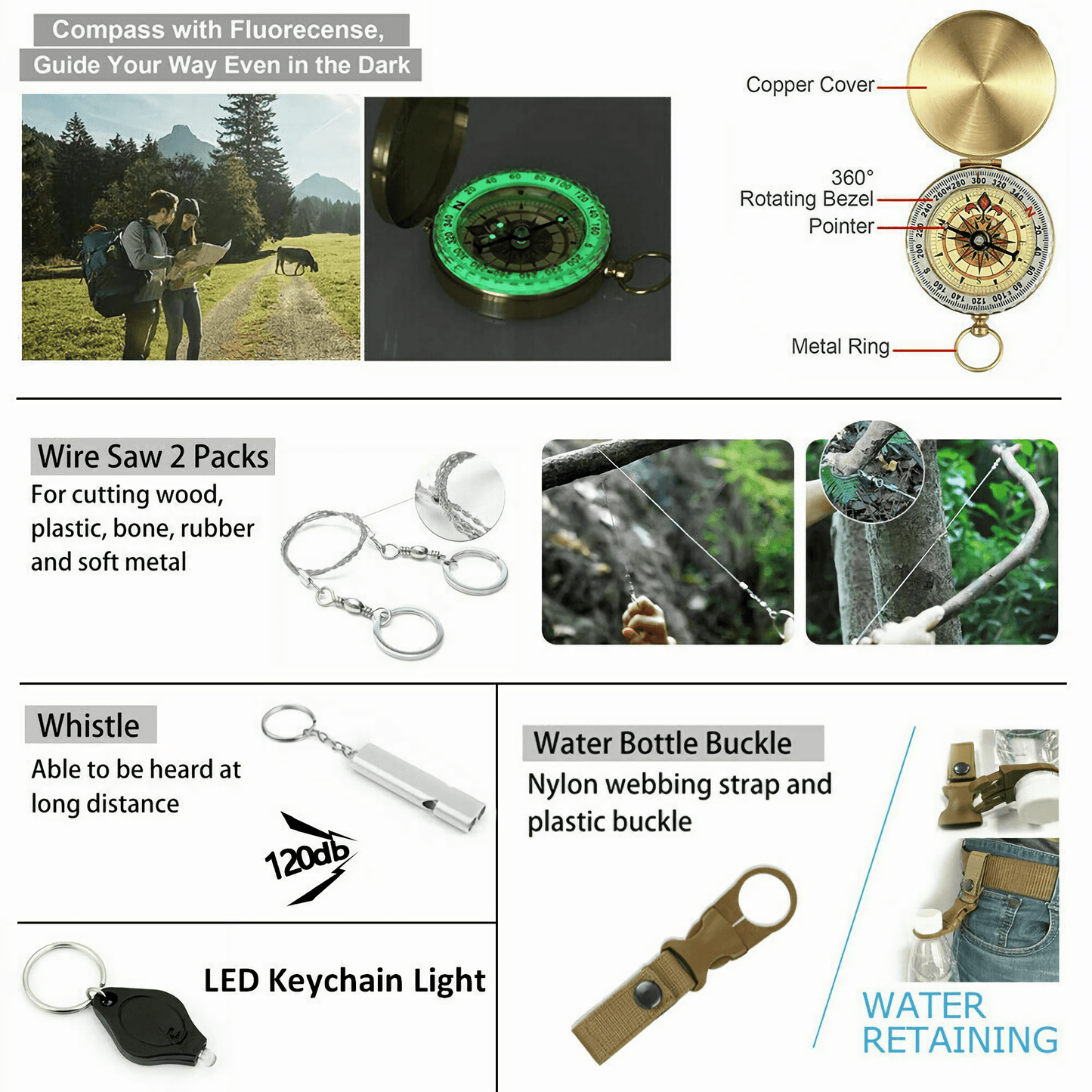 Wire saw capable of cutting wood, plastic, bone, rubber, and soft metal (up to 3 inches) for outdoor survival.  High-Frequency Double Hole Whistle for emergency situations, aiding faster location by rescue teams.