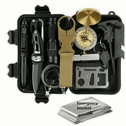 An overall compact and comprehensive Emergency Camping Survival Kit, perfect for adventurers, brave children, and anyone valuing preparedness.