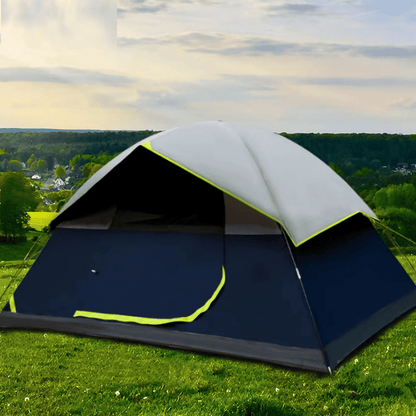 ShadowScape 4-Person Darkroom Camping Tent featuring a sleek black-coated exterior and a durable fiberglass framework for stability.