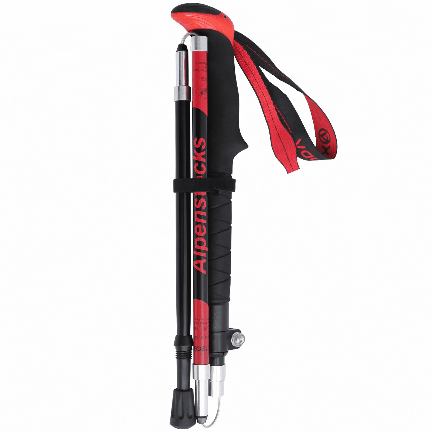 Adjustable-height trekking pole with shock absorption system for comfort.