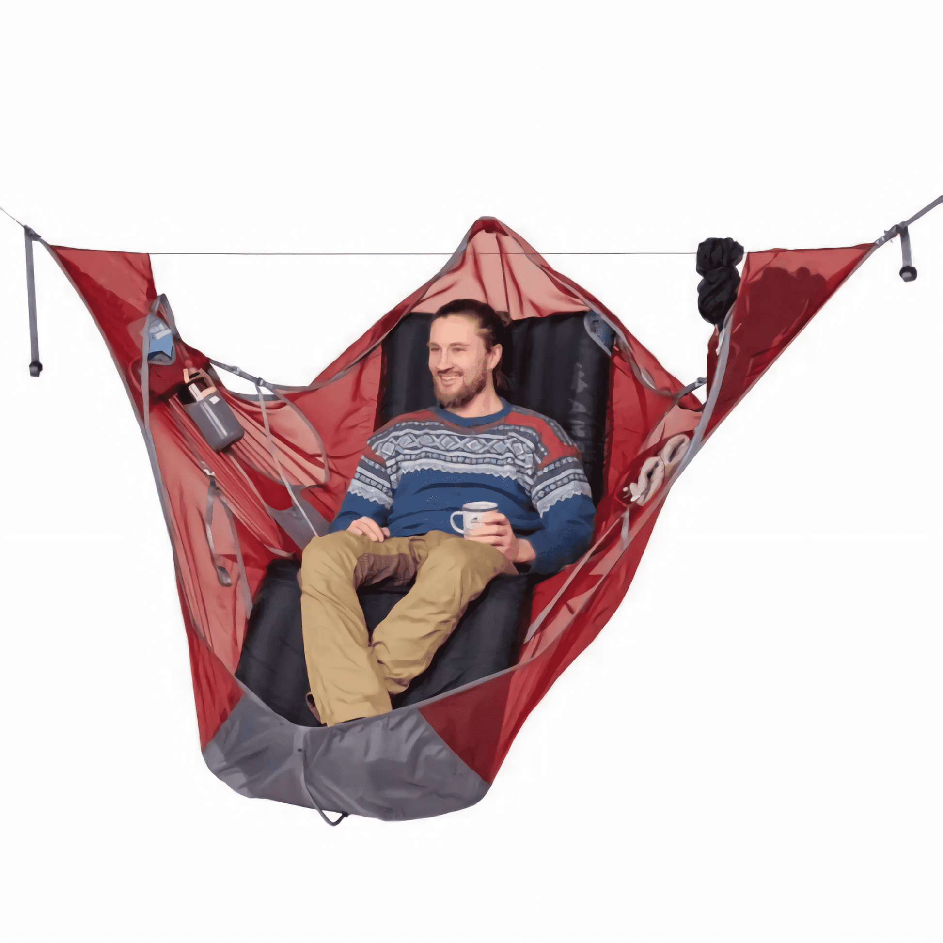 A visual representation of the integrated bottle holder and secure holder on a hammock, showcasing its functionality for enjoying refreshing beverages while relaxing outdoors.