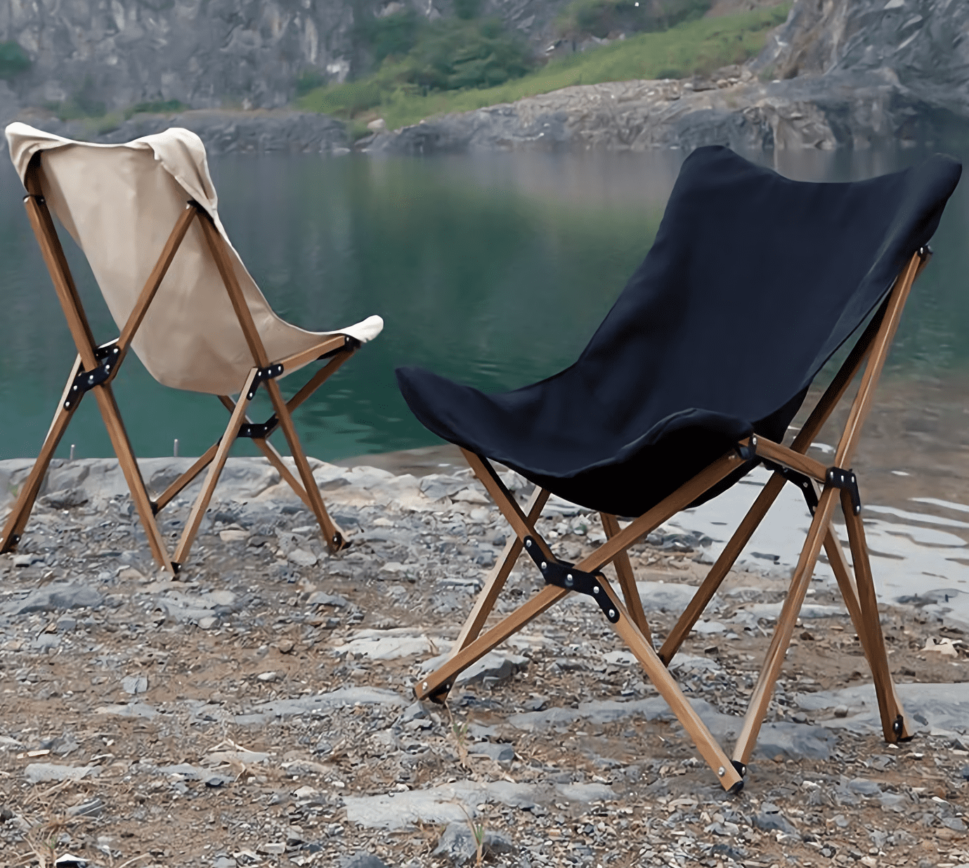 Portable leisure chair featuring a stylish wooden grain design for outdoor comfort.